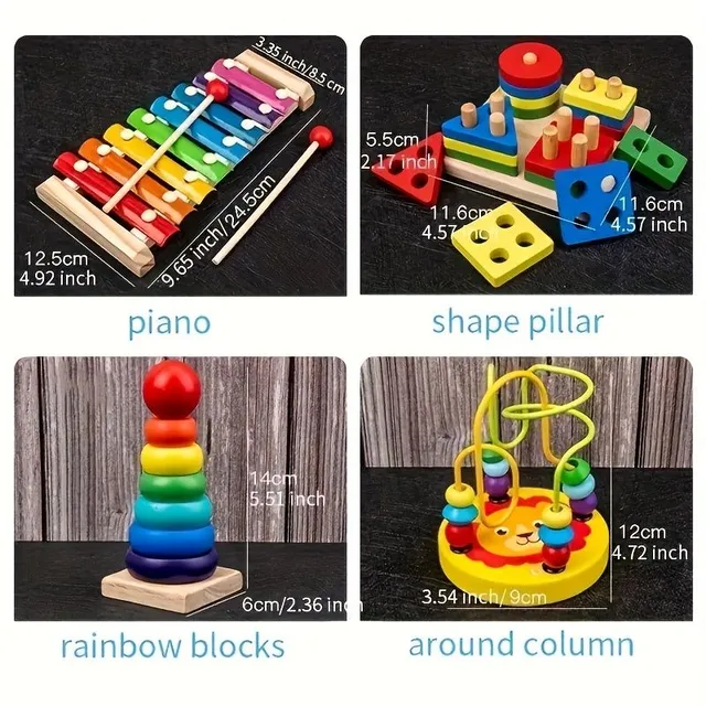 9 in 1 Wooden Montessori toys, Fast Bells, Bead Rumble, Drum, Column, Musical Instruments, Preschool Age Education