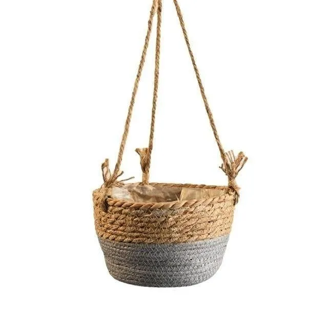 Basket for hanging pot made of woven jute rope