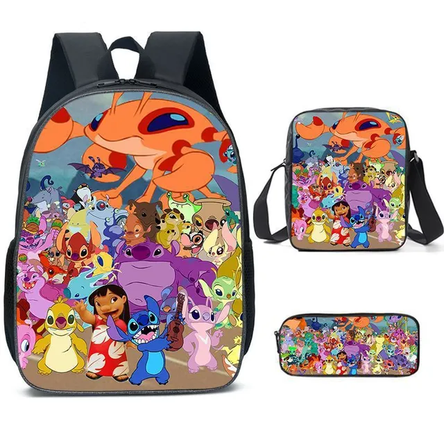 Set pentru copii cu 3 piese școlare cu motivele personajelor animate preferate Lilo și Stitch Rucsac / Geantă peste umăr / Penar