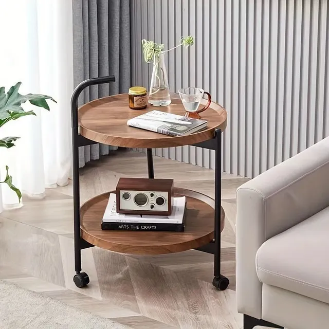 Double table, night table, coffee table for small space, mobile storage shelf with wheels, home storage organizer