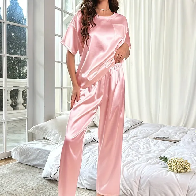 Pyjama en satin pour femme, ensemble à manches courtes et pantalons longs