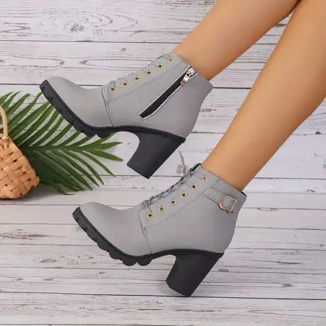 Damen Ankle Boots mit robustem Absatz, Schnalle und seitlichem Reißverschluss (hohe Absätze)