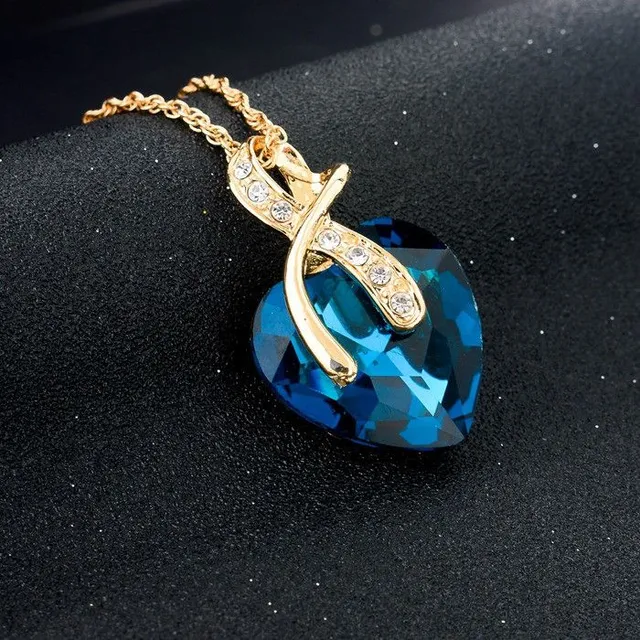 Pozlacený náhrdelník + náušnice KŘIŠŤÁLOVÉ SRDCE - Modrý