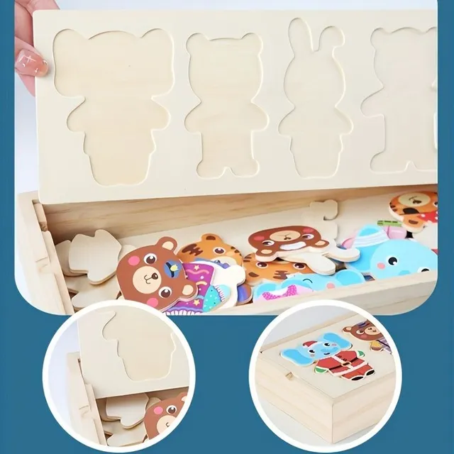 Wooden montessori toy: animals for dressing and sorting