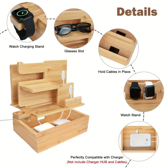 Bamboo Electronic Accessories Storage Box Charging Doc For Mobile Phone Holder for Storage To Office Holder On Bed