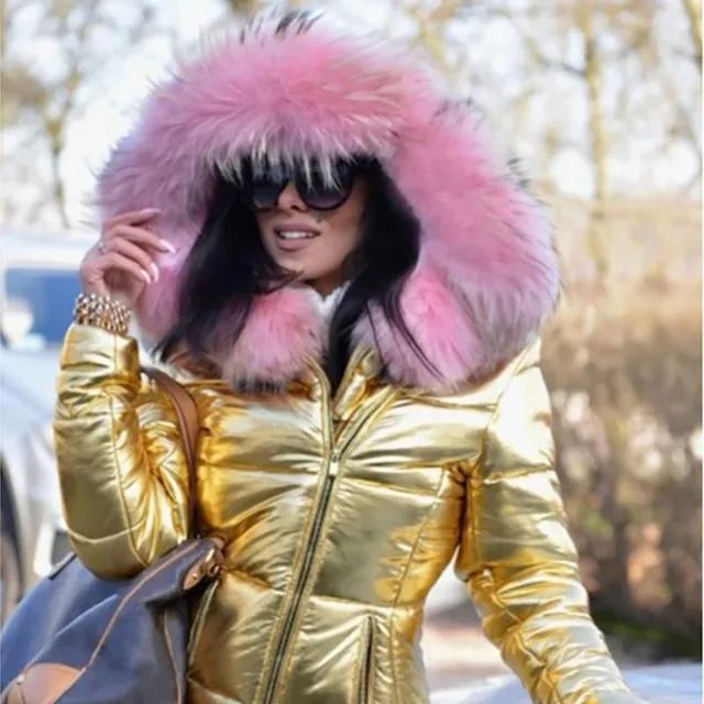 Women's shiny quilted winter jacket with hood