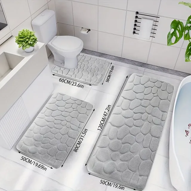 Set of 3 pieces of bathroom mats made of memory foam, anti-slip bath rug, U-shaped toilet mat, soft comfortable shower carpet, bath mat with stone printing monochrome, bathroom decoration, bathroom decoration, kitchen