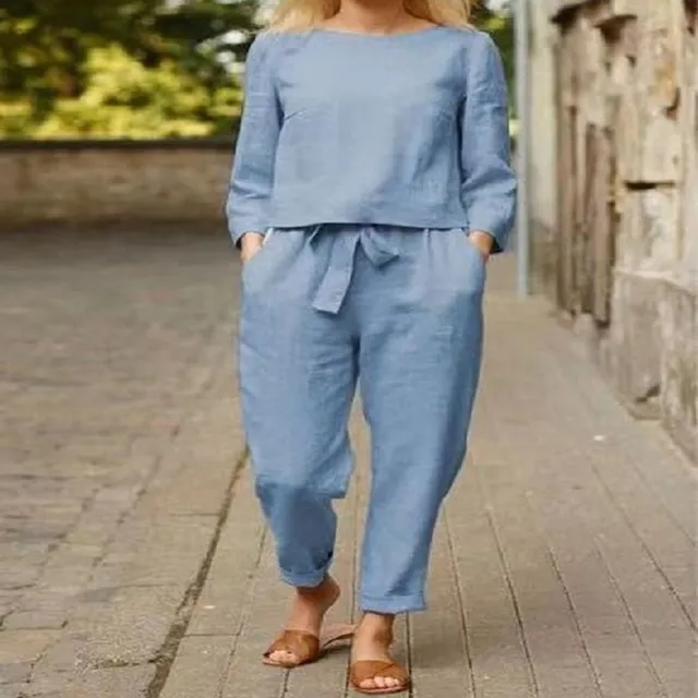Two-piece women's set - single color cotton and linen blouse with round neckline and trousers