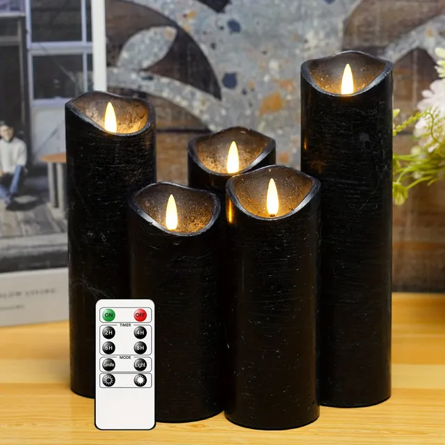 Sada 5 Flameless Sviečky z pravého Wax Flicker, Vianočné domáce dekorácie Halloween, (H5,59 Cm X Výška 12,7 Cm 5,12.7 Cm 15,24 Cm 17,78 Cm 20,32 Cm), s diaľkovým ovládaním a časovač, sviečka z pravého vosku LED (čierna)