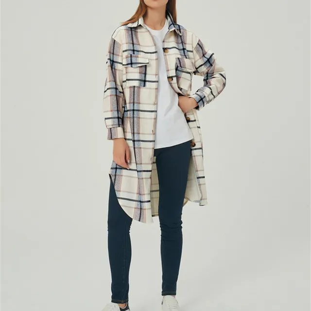 Long plaid coat with long sleeves in wool blend khaki1 2xl