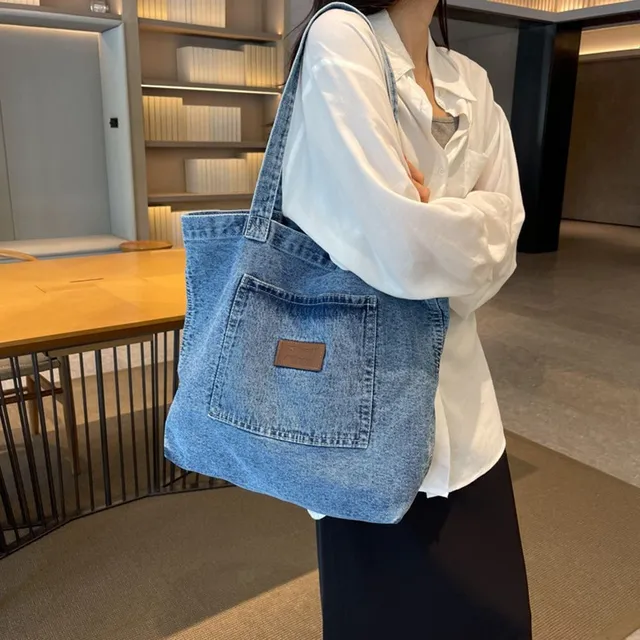 Geantă de pânză cu capacitate mare, tip crossbody din denim