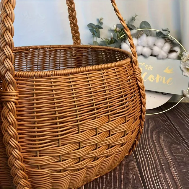 Picnic basket of rustic appearance made of knitted plastic with handles - durable and light for camping and meeting