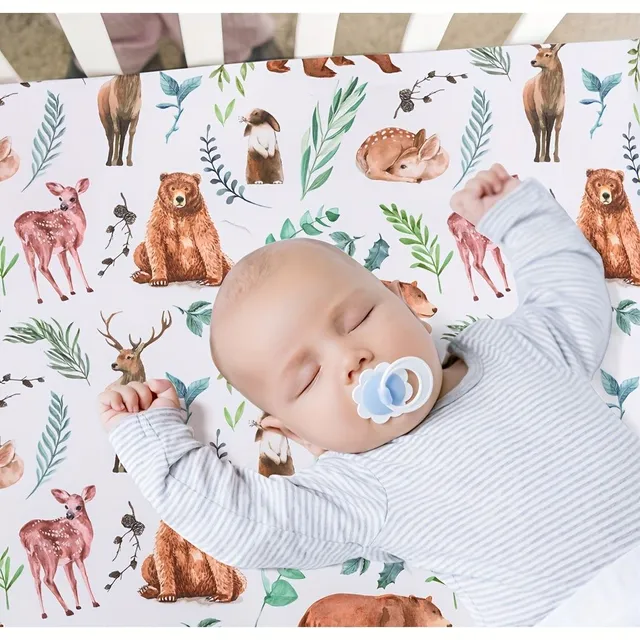 Forest animals wooden cotton stretching sheet for baby cot - neutral for boys and girls