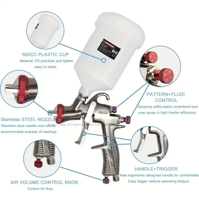 LVLP stříkací pistole R500 1,3 mm pistole na lakování aut Gravitační stříkací pistole s přívodem barvy Sada stříkací pistole na vodní bázi pro auta a domácí kutily