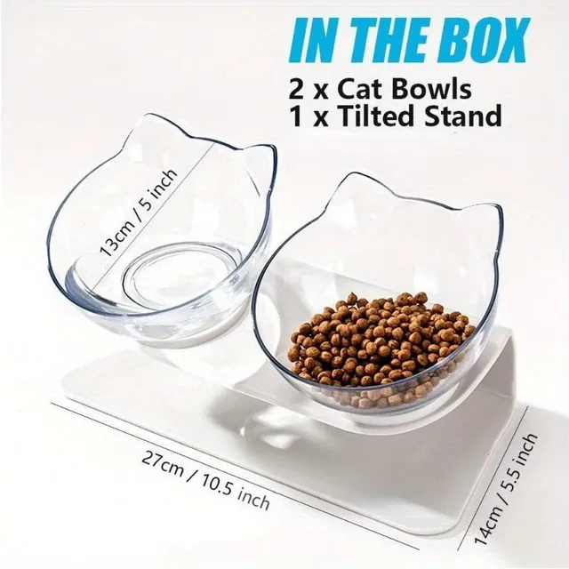 Increased double bowls for cats with 15 degree holder for neck protection and anti-vomiting