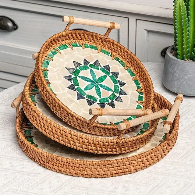 Decorative bamboo tray with double handles for festive occasions