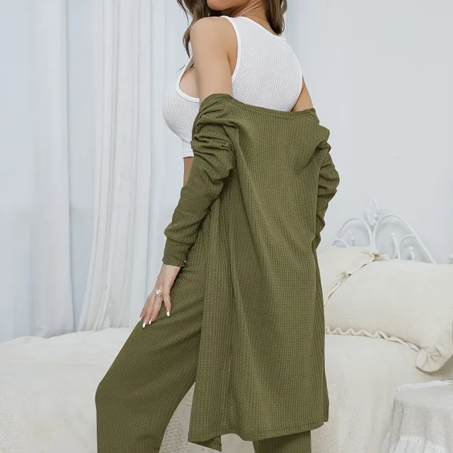 Women's loungewear set Waffle Solid - long robe and V-cut tank top - comfort in your home