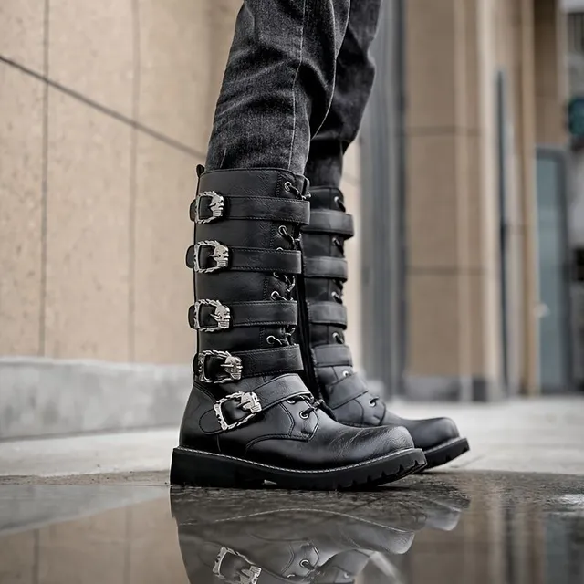 Men's motorcycle shoes with buckles and side zippers, anti-slip, high, into nature