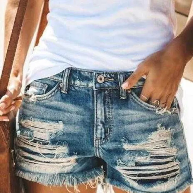 Slimming ripped denim shorts with fringe and high waist and fringe