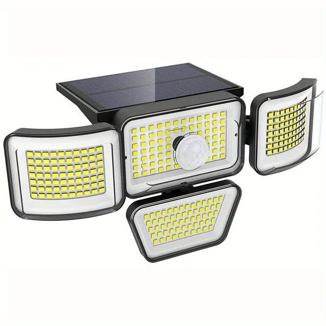 Lumină solară de exterior cu senzor de mișcare, 278 LED-uri, 3000 lm, 6500 K, 4 capete, IP65 rezistent la apă, unghi larg de 300° cu 3 moduri