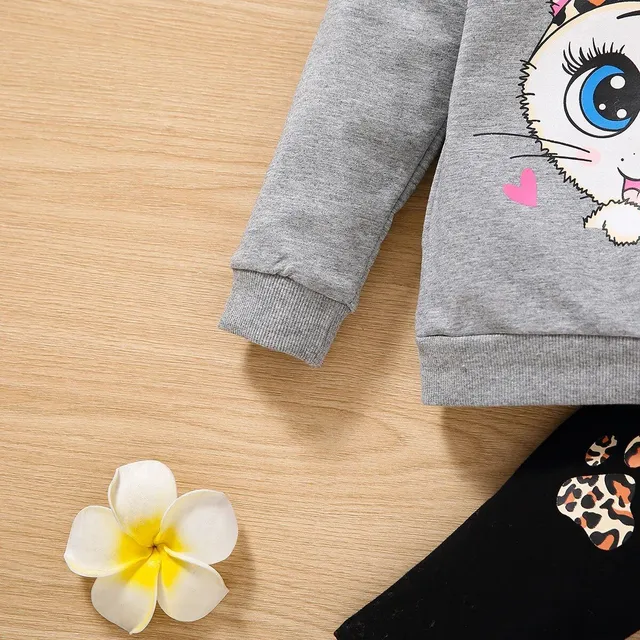 Children's two-piece cotton pajamas with long sleeve and a cat with big eyes for girls