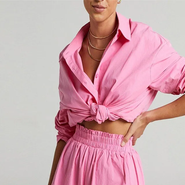 Women's two-piece set of clothes for summer - long shirts and shorts