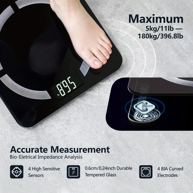 1 pc intelligent weight body fat, digital bath weight with application Body fat analyzer monitors BMI health measurements, body fat, visceral fat, water, muscle and bone mass, capacity 396 pounds