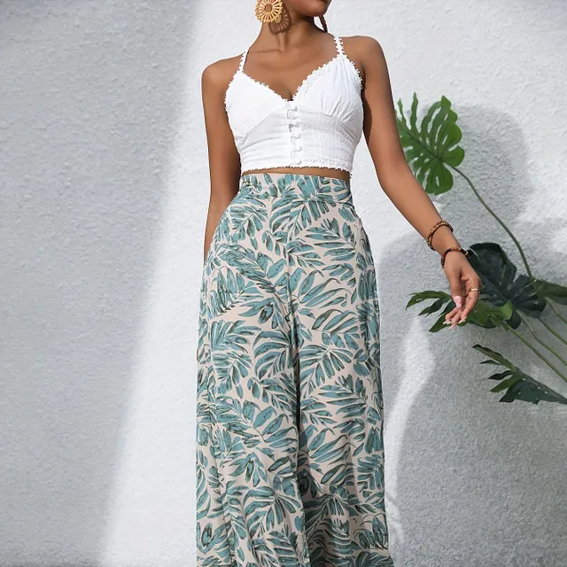 Boho Pants with Flower Pattern - Elastic Pas, Wide Nohavice, Summer