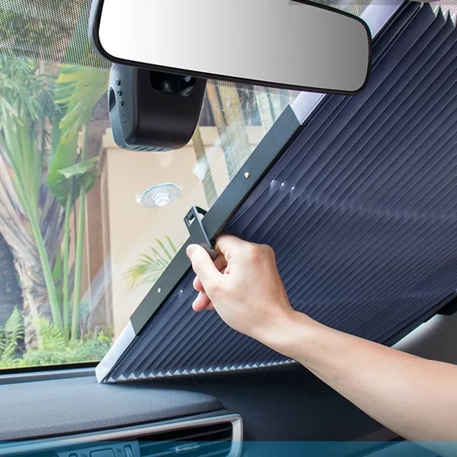 Practical retractable car windscreen blinds against the heat from the Sevyn sun