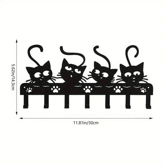 Magic wall hooks with black cat - 7 hooks of metal, decorative key stand for bedroom, iron hooks for door