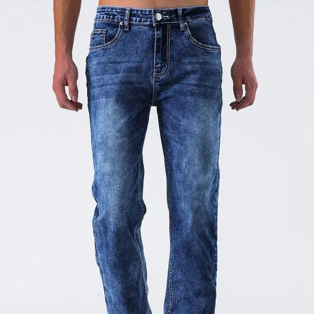 Jeans bărbătești slim fit din denim cu aspect rupt, stil urban