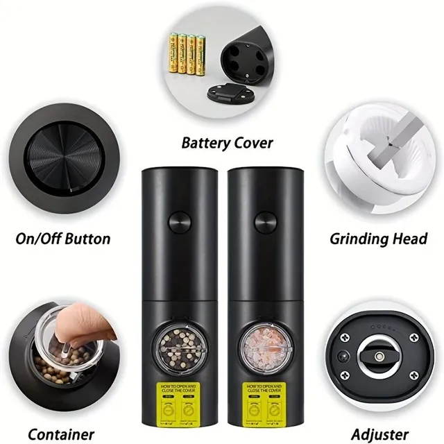 Electric salt and pepper grinder with stand, powered by batteries, automatic grinding with LED light, adjustable roughness, control with one hand and button, ABS material, kitchen helper, black set with brush 19,51 cm × 16,51 cm × 7,01 cm