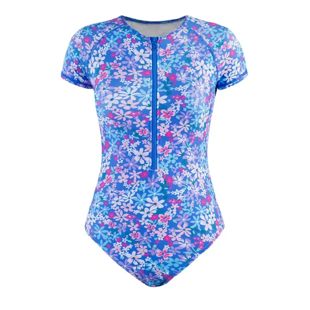 Single-piece swimsuit with short sleeves and zipper