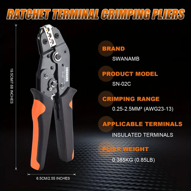 AWG 23-13 cable crimp tool with a set of connectors, tubes, eyes, forks, fast-connectors and pressed cable stitches