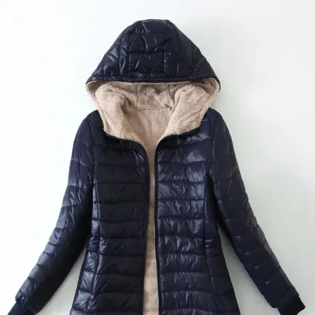 Women's winter middle-length Korean coat with hood and fleece lining made of cotton