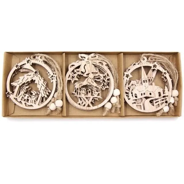 Wooden Christmas snowflakes for tree 12 pcs