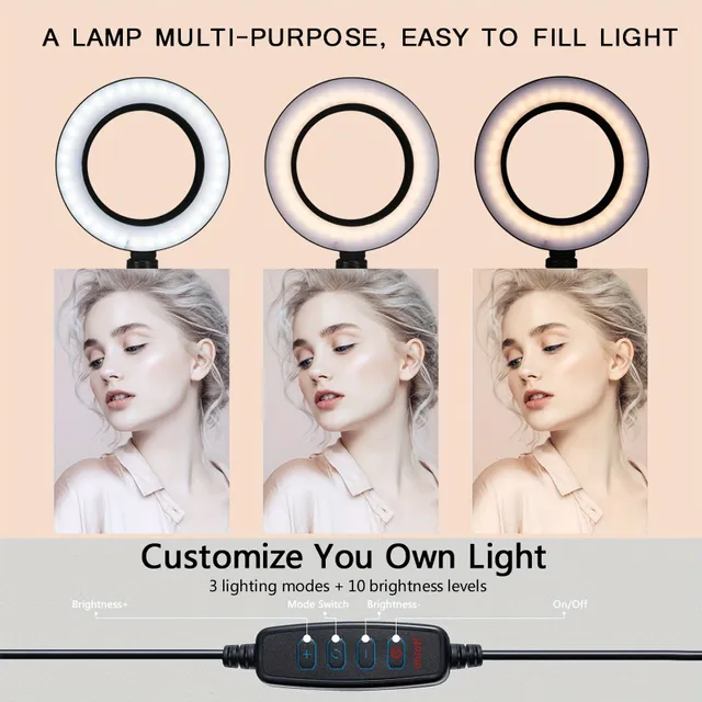 Round LED light with handle, stand and phone holder for vlogging, photo, selfie, video calls, makeup and live streaming