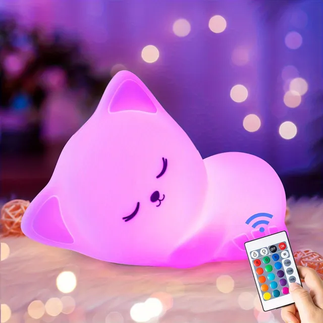 Cat night light with remote control and touch sensor, 16 colours, silicone, 5 brightness levels, charging over USB