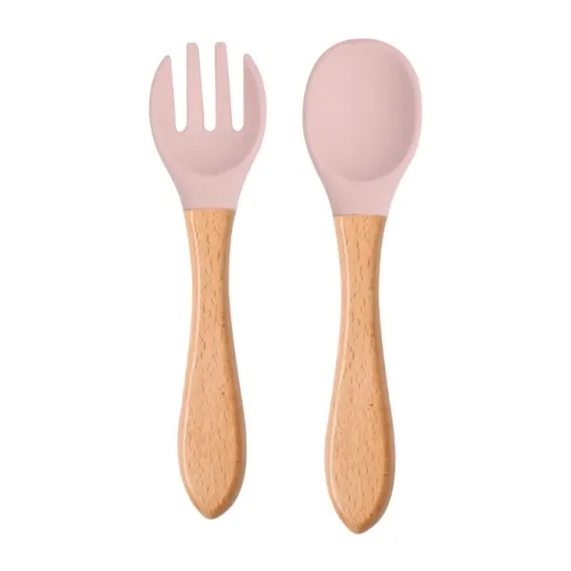 Kids' teaspoon kit and food silicone for training a child with wooden handles