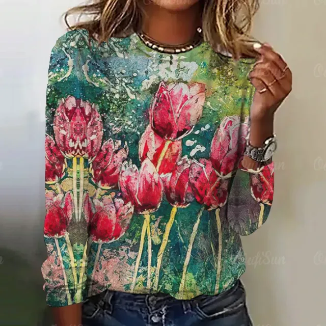 Women's long sleeve t-shirt with three-dimensional flower print - More variations