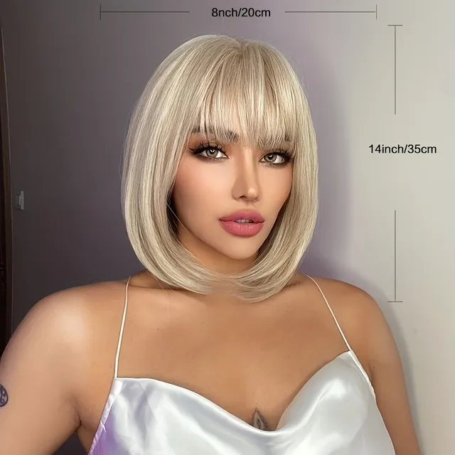 Women's wig: White, short straight bob with bang, natural synthetic fiber, for everyday wear - Hair extension and replacement