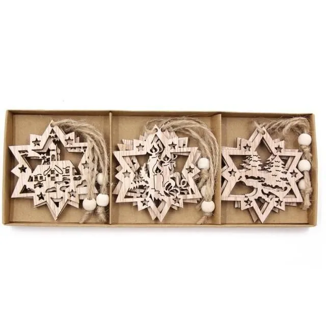 Wooden Christmas snowflakes for tree 12 pcs