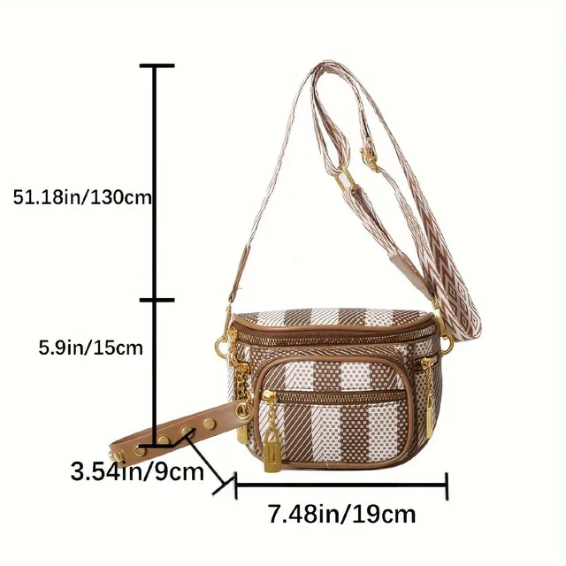 Elegant retro crossbody camera bag with plaid strap