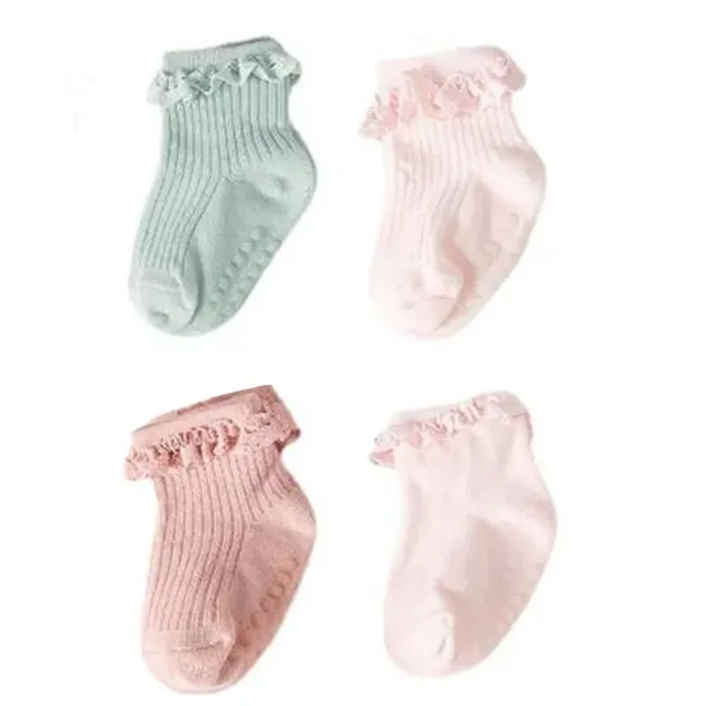 Detské bavlnené protišmykové ponožky na jeseň a v zime s detskými a batoľacími volánikmi, 4 páry