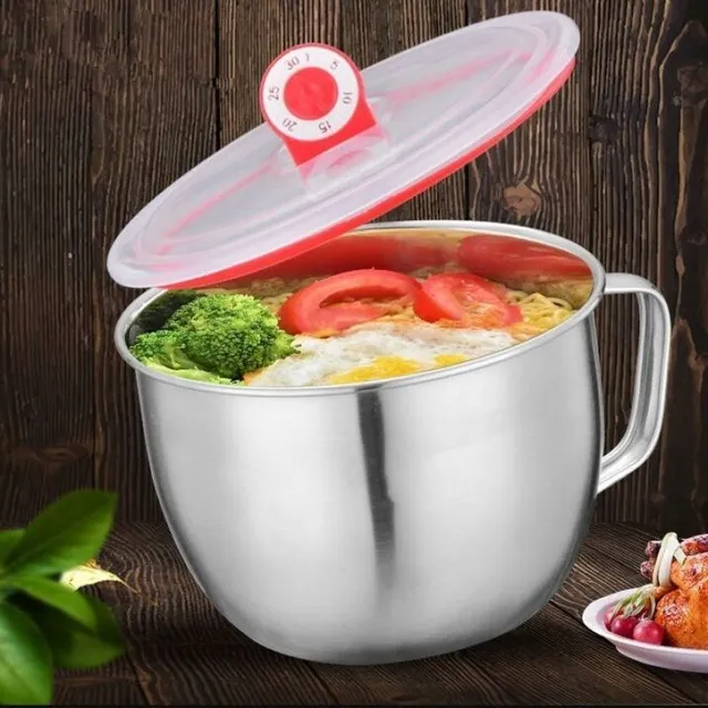 Stainless steel noodles bowl with handle and lid from PP material for snack to office