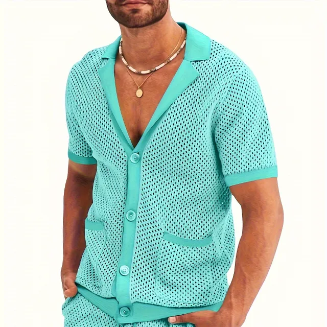 Breathable knitted or crocheted men's set with t-shirt and shorts with broken design