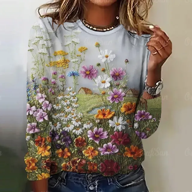 Women's long sleeve t-shirt with three-dimensional flower print - More variations