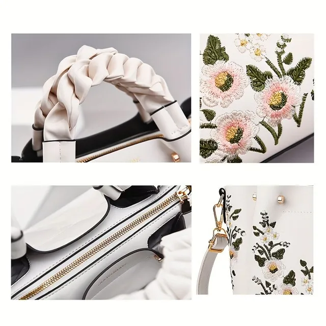 Elegant bag with floral embroidery and removable strap