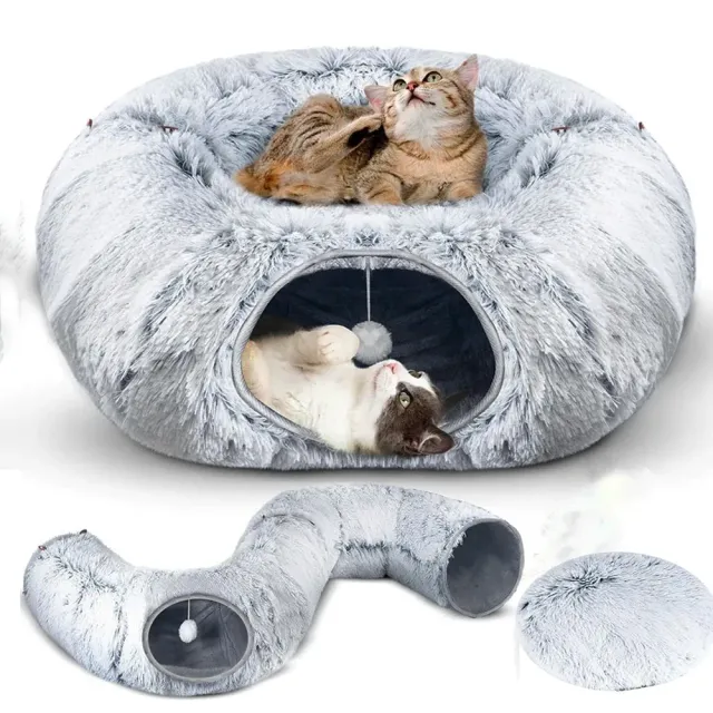 Kulatá skládací postel s hracím tunelem pro kočky v šedé barvě