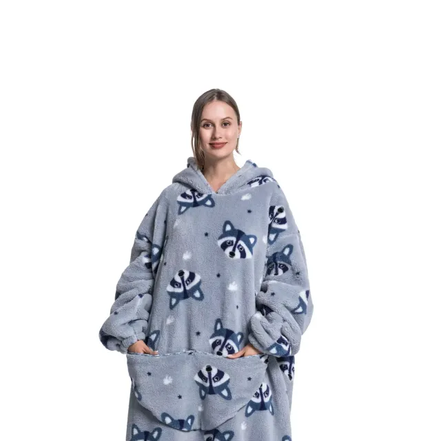 Wearable blanket with hood of stuffed animal and sherpa fleece for adults